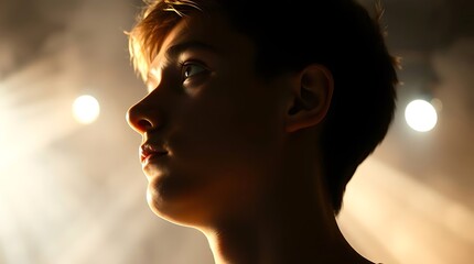 profile of a contemplative teenage boy with dramatic lighting and a blurred background

