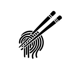 Noodles and Chopsticks: A simple yet elegant black and white icon depicting a bowl of noodles and a pair of chopsticks. This graphic represents a cultural food experience, perfect for menus.