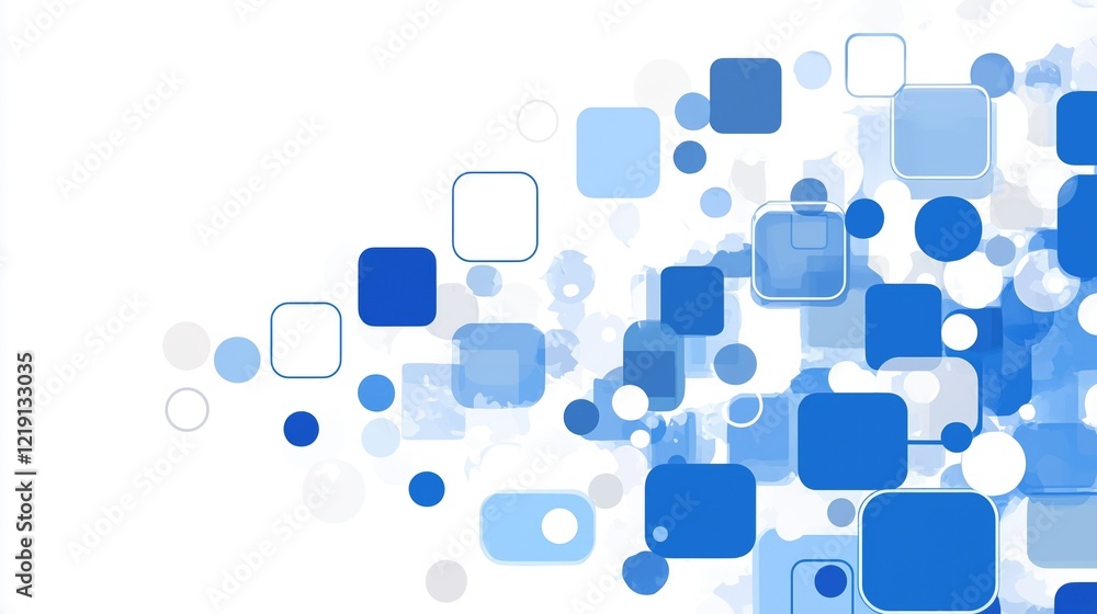 Poster a vibrant composition of various blue geometric shapes and circles on a white background, creating a