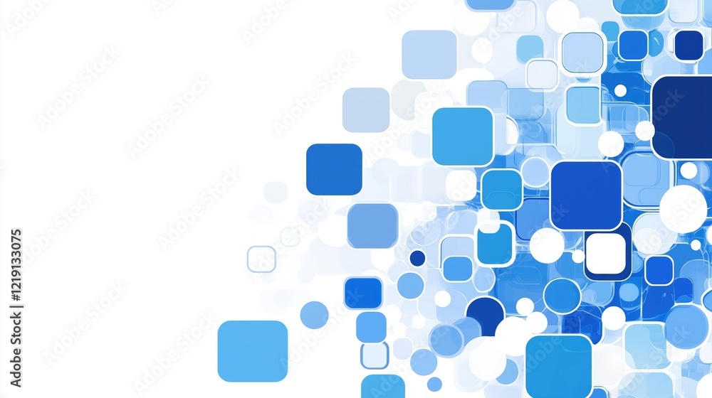 Poster a vibrant composition of blue squares and circles on a white background, creating a modern and dynam