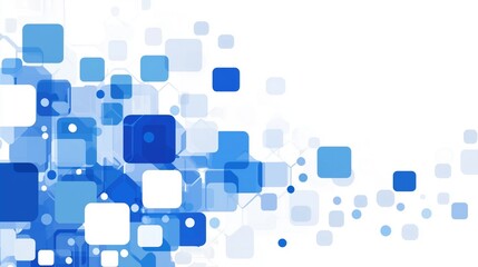 A vibrant abstract design featuring various blue squares and rectangles on a white background, creating a modern and dynamic visual effect.