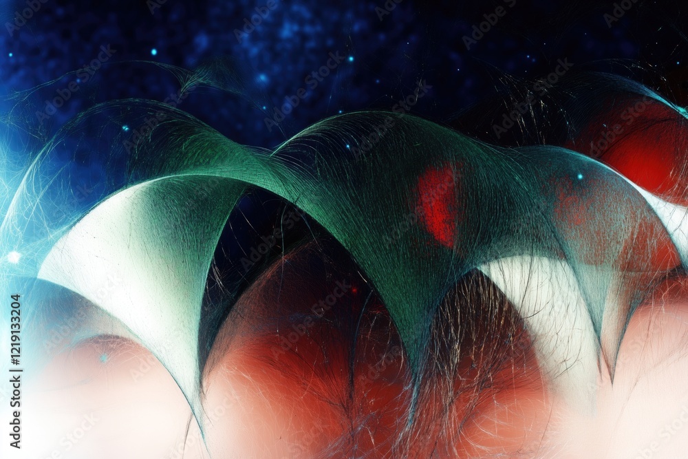 Poster vibrant abstract design featuring flowing waves in shades of green, red, and blue, creating a dynami