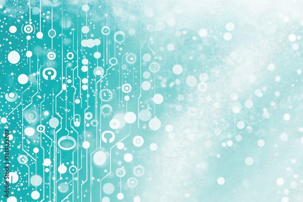 Poster a vibrant abstract background featuring circular patterns and digital lines in shades of teal and wh