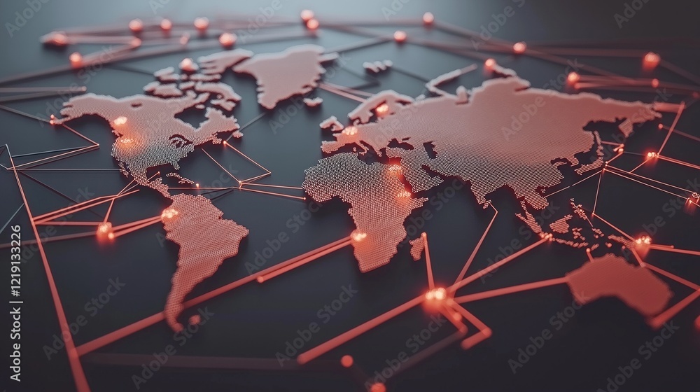 Poster a stylized world map with glowing red lines connecting various regions, set against a dark backgroun