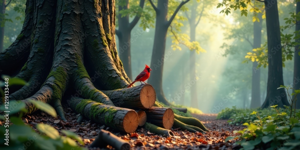 Poster a vibrant red bird perched on a moss-covered log amidst a sun-dappled forest, surrounded by the maje