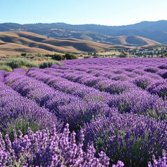 Fototapeta premium Lavender field at midday with clear blue skies.