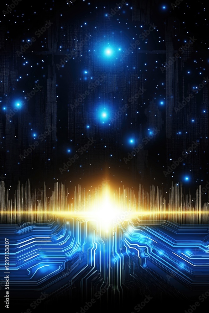 Poster abstract digital artwork featuring glowing stars and circuit patterns, blending technology with a co