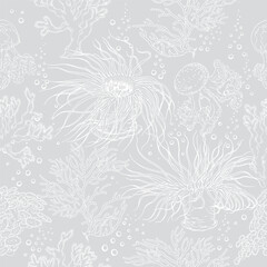 Seamless pattern with corals, jellyfish and sea creatures. Underwater scenery. Hand drawn vector illustration on grey background.