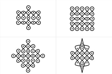 Set of Indian Traditional and cultural design concept of Rangoli or kolam design line drawing isolated on white background - vector illustration