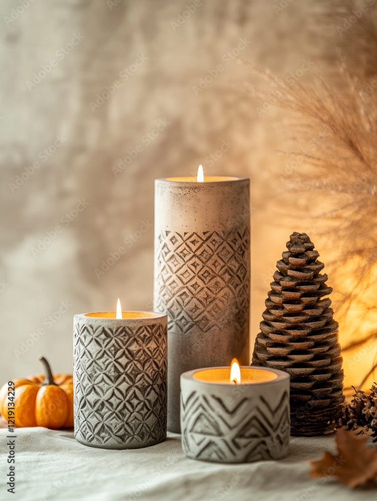 Poster Three concrete candle holders with different patterns are placed on the table in front of a beige wall. The background is blurred, and there is some warm light shining from behind.