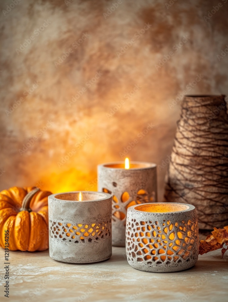 Poster Three concrete candle holders with different patterns are placed on the table in front of a beige wall. The background is blurred, and there is some warm light shining from behind.