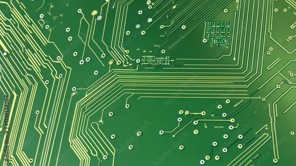 Poster circuit board design showcasing intricate patterns and connections in green and gold colors
