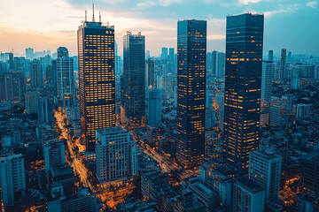 Stunning Night Cityscape Skyline Modern Buildings Urban Architecture Night Lights City View Aerial Photography dark blue