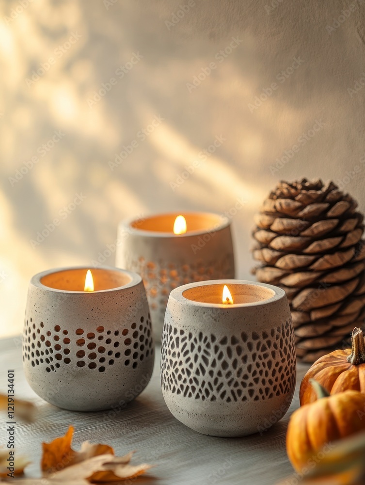 Poster Three concrete candle holders with different patterns are placed on the table in front of a beige wall. The background is blurred, and there is some warm light shining from behind.