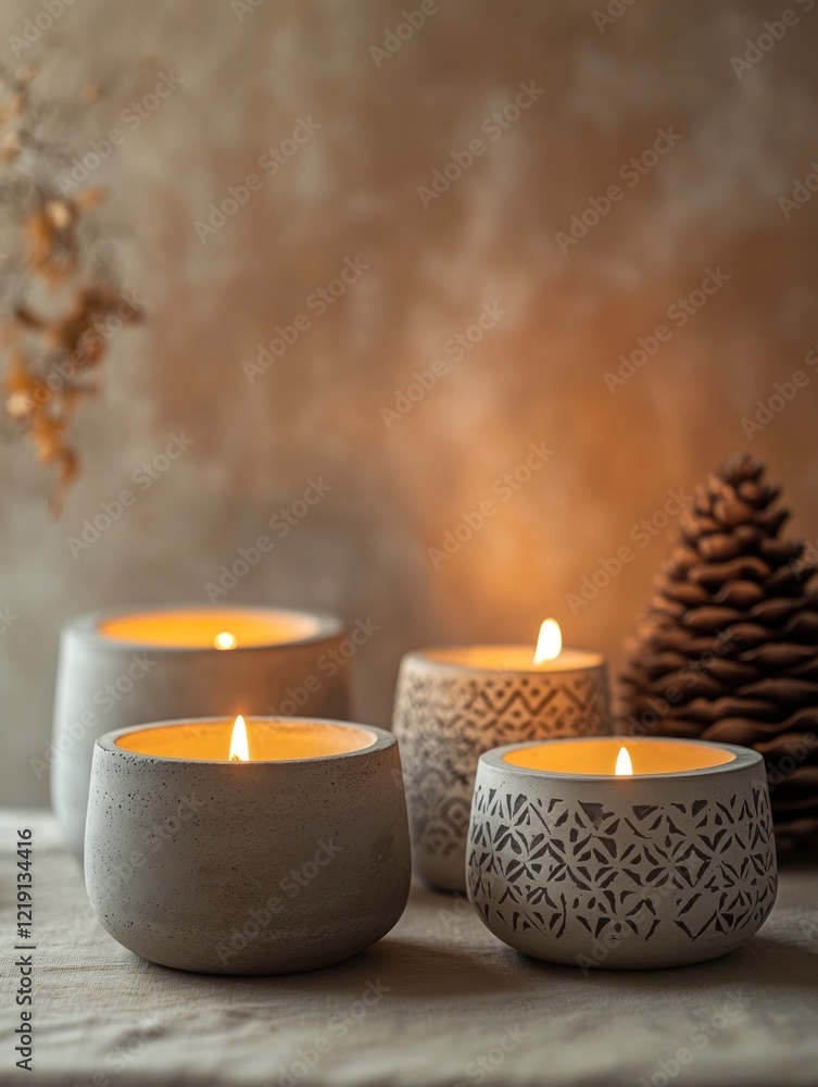 Poster Three concrete candle holders with different patterns are placed on the table in front of a beige wall. The background is blurred, and there is some warm light shining from behind.