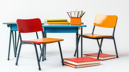 A set of school desks with notebooks, pens, and reading glasses on a white isolated background