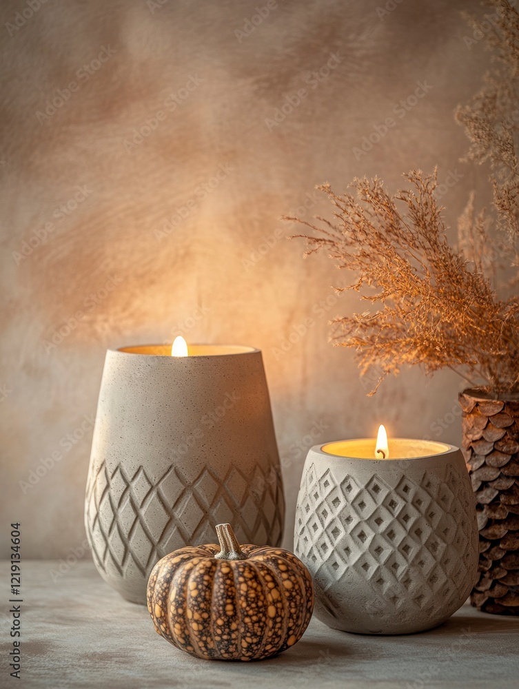 Poster Three concrete candle holders with different patterns are placed on the table in front of a beige wall. The background is blurred, and there is some warm light shining from behind.
