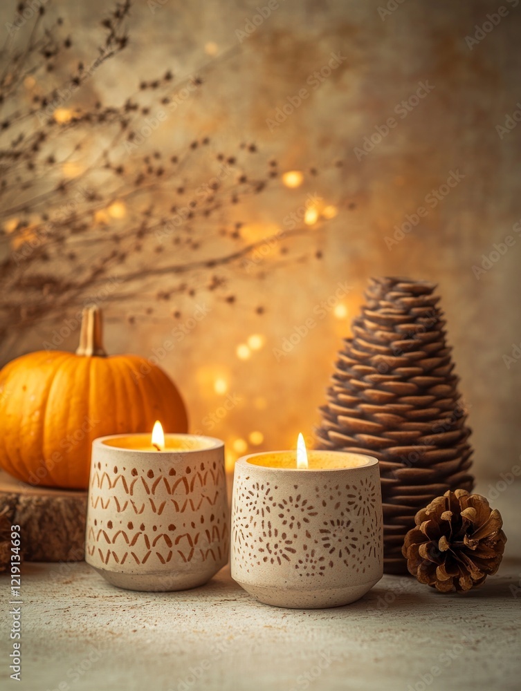Poster Three concrete candle holders with different patterns are placed on the table in front of a beige wall. The background is blurred, and there is some warm light shining from behind.