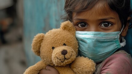 Little girl holding a teddy bear wearing a protective mask in a bright indoor setting