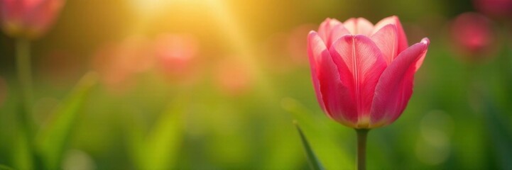 Naklejka premium A single pink tulip blooms in the warm sunlight, Petals, Green