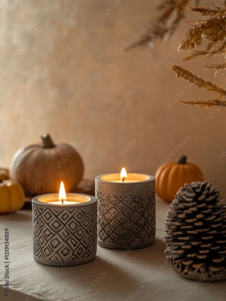 Poster Three concrete candle holders with different patterns are placed on the table in front of a beige wall. The background is blurred, and there is some warm light shining from behind.
