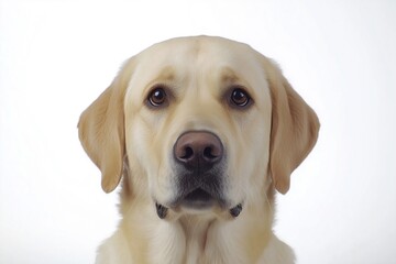 Close-up portrait of a golden retriever with expressive eyes against a white background.