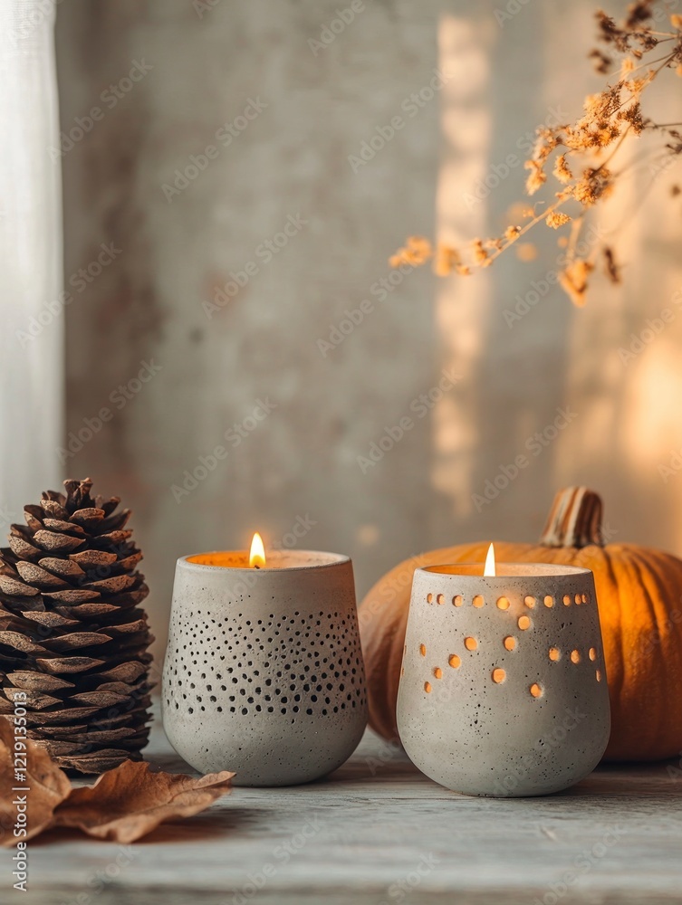Poster Three concrete candle holders with different patterns are placed on the table in front of a beige wall. The background is blurred, and there is some warm light shining from behind.