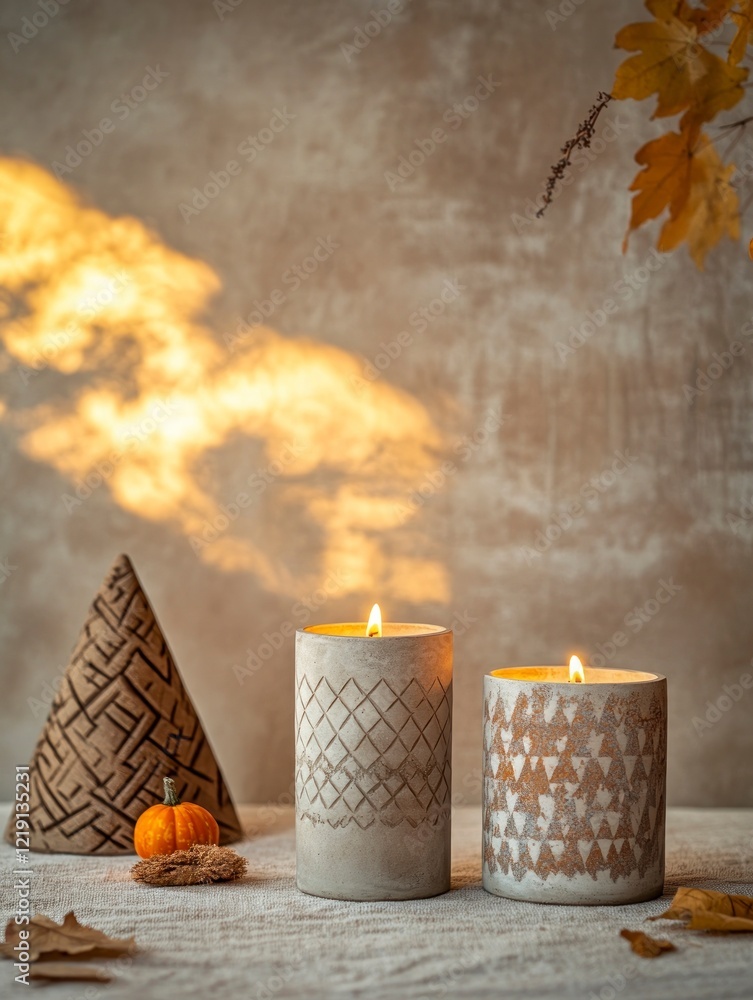 Poster Three concrete candle holders with different patterns are placed on the table in front of a beige wall. The background is blurred, and there is some warm light shining from behind.