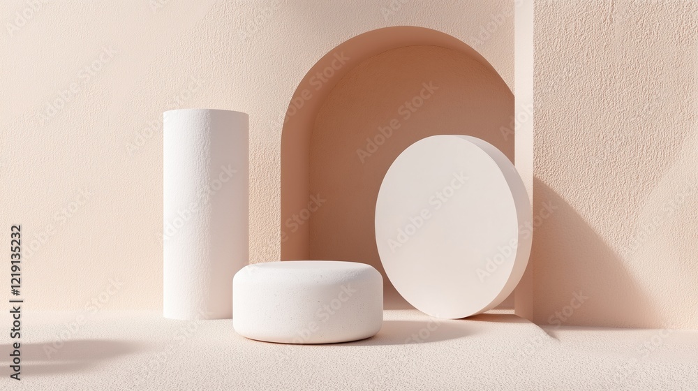 Poster a modern minimalist setup featuring geometric shapes in soft pastel tones, creating a serene and sty