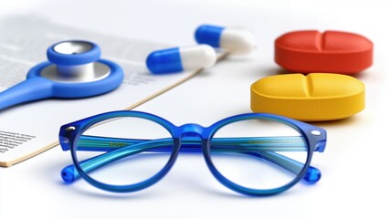 A pair of blue glasses rests on a white surface alongside colorful pills, a stethoscope, and a medical document, symbolizing health and wellness.