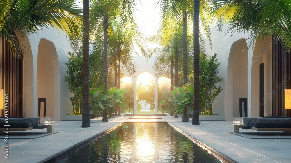 Aufkleber tranquil oasis with symmetrical palm trees and reflections in serene pool setting