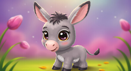 Cute cartoon donkey standing among colorful flowers in a vibrant landscape