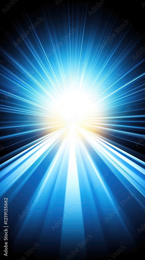 Poster a vibrant burst of light emanating from the center, creating dynamic rays in shades of blue and whit
