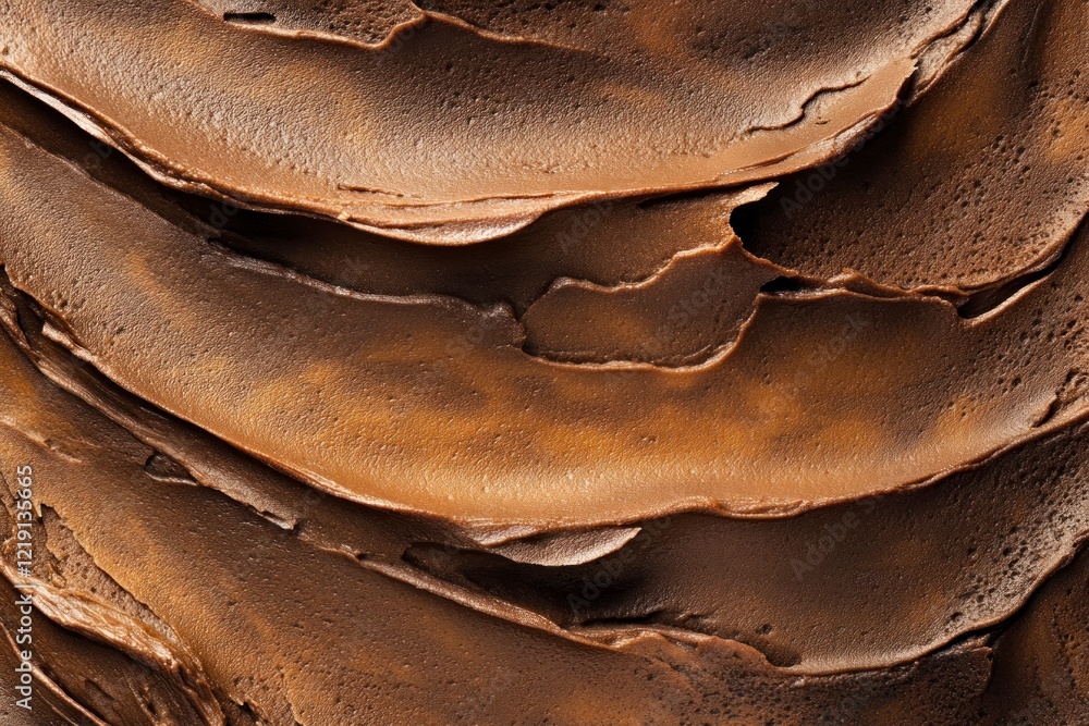 Poster top view. close-up of a smooth, glossy chocolate frosting texture with visible swirls and a sheen.