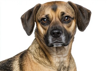 Obraz premium Close-up portrait of a mixed-breed dog with expressive eyes and a short coat, showcasing its friendly demeanor against a plain background.