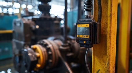 A contrastrich shot of an oillevel sensor attached to a large industrial pump highlighting its importance in routine monitoring to preempt equipment failures.