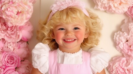Fototapeta premium A cheerful young girl with curly blonde hair smiles brightly, surrounded by pink roses and peonies, creating a joyful and vibrant atmosphere.