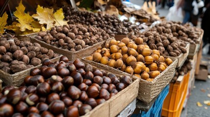 Fresh Nuts Displayed at Outdoor Market Stall Surrounded by Colorful Fall Leaves with Autumn Vibes, Ideal for Food, Harvest, and Seasonal Themes