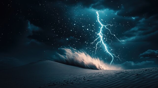 Dramatic scene of lightning illuminating dark clouds above rolling sand dunes, creating a surreal and powerful atmosphere.