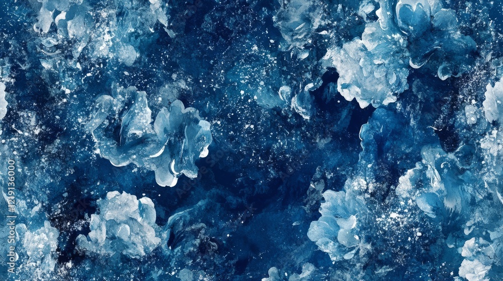Poster abstract floral design in shades of blue with swirling textures and patterns creating a serene atmos
