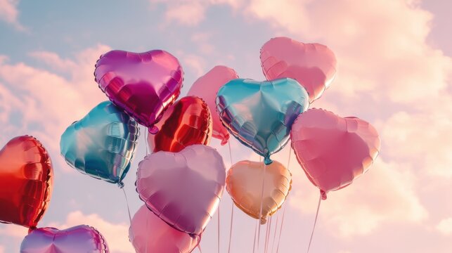 Colorful bunch of balloons floating against a clear blue sky on a sunny day