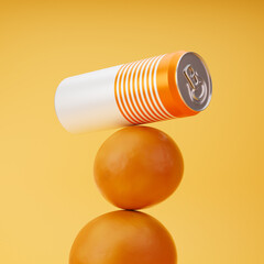 Aluminum soda can standing on oranges isolated over yellow background. Mockup template. 3d rendering.