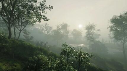 Obraz premium Serene Morning Landscape with Mist and Sunlight Filtering Through Trees in a Lush Green Setting, Perfect for Nature and Tranquility Themes
