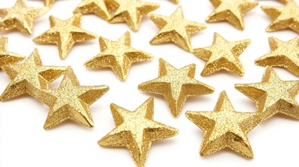 Obraz premium Decorative gold stars scattered on a white background for festive celebrations and crafts