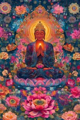 Serene Buddha amidst vibrant floral tapestry