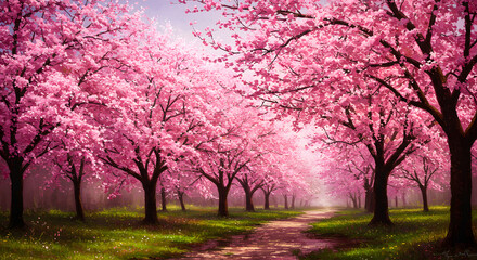 Fototapeta premium Serene pathway through blooming cherry blossom trees in springtime