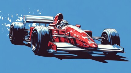 Fast racing car speeding on a blue background during a competitive motorsport event