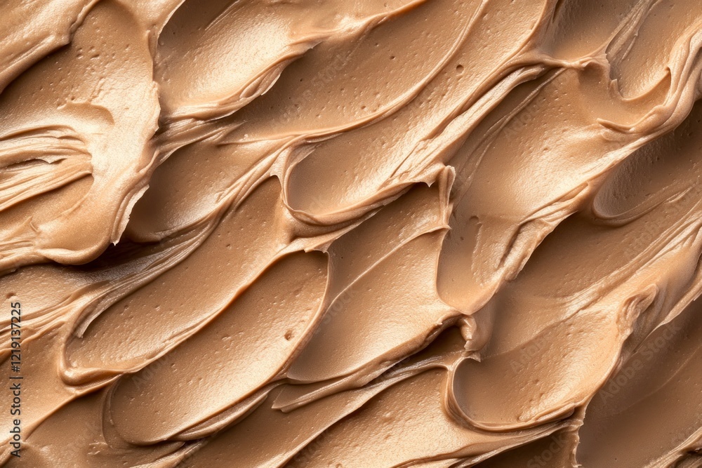 Poster top view. close-up of a smooth, glossy chocolate frosting texture with visible swirls and a sheen.