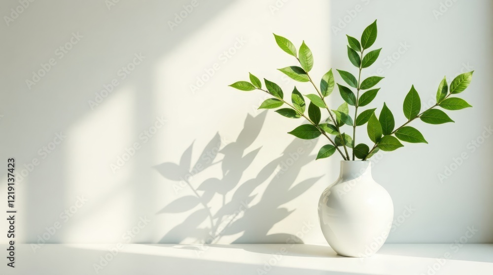 Poster sunlight illuminates greenery in a simple white vase, casting a shadow on a pristine wall
