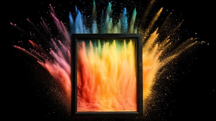 Vibrant Rainbow Color Powder Explosion in Black Frame Abstract Art Background